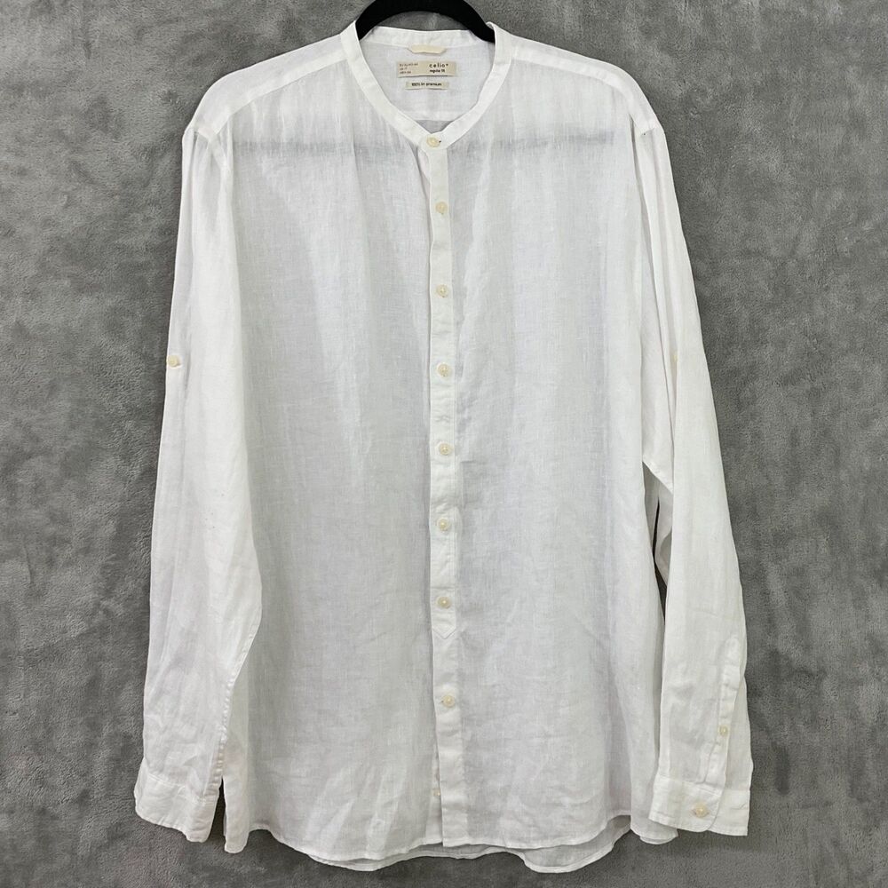 Celio 100% premium Linen Shirt XL Collarless button up white long sleeve EUC